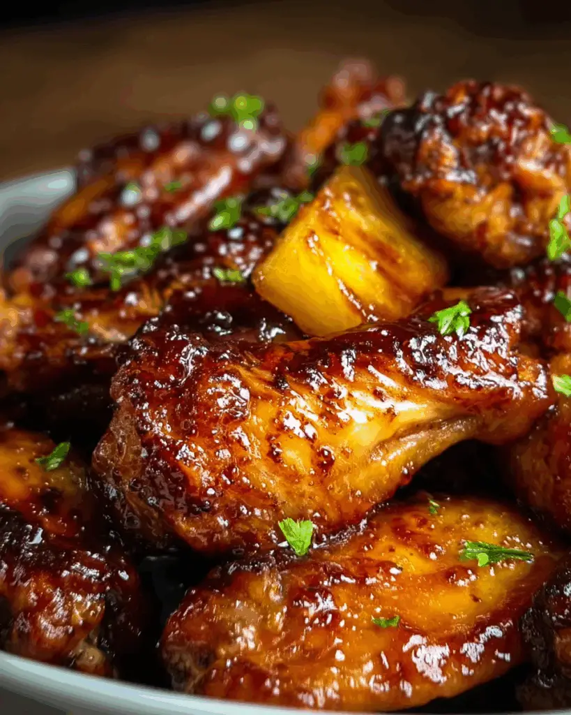 Served brown sugar pineapple chicken wings on a plate
