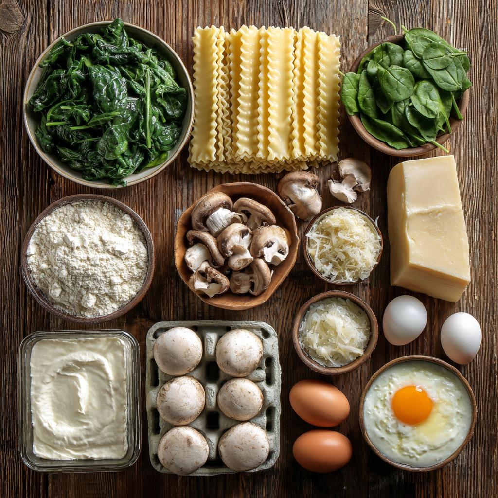 Ingredients for Spinach and Mushroom White Lasagna