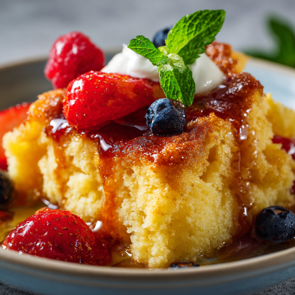 Slice of 4-Ingredient Lemon Cream Cheese Dump Cake with whipped cream and berries
