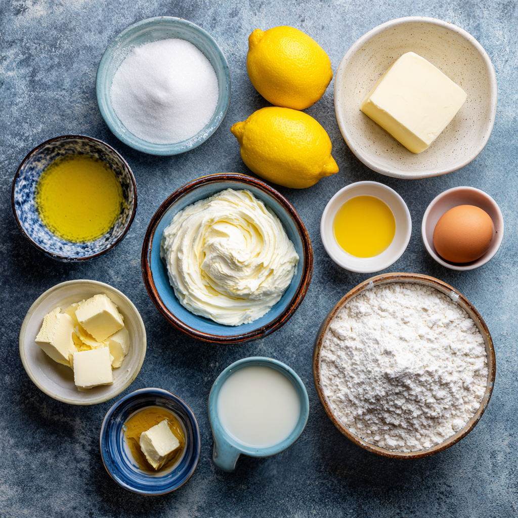 lemon cream cheese bread ingredients flat lay