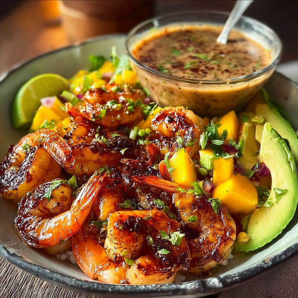 Drizzling lime-chili sauce on shrimp and avocado bowls with mango salsa