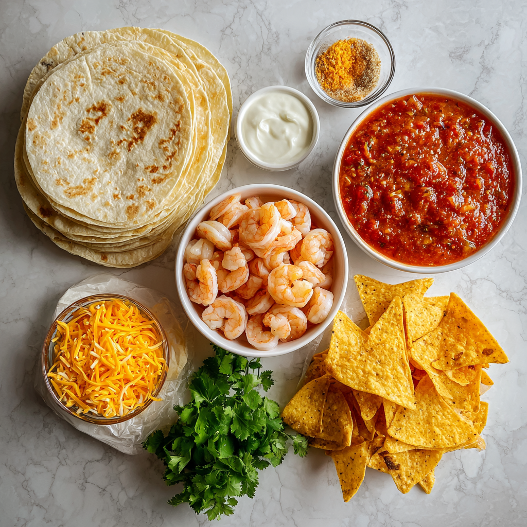 Ingredients for loaded shrimp nacho bomb wraps with shrimp and cheese