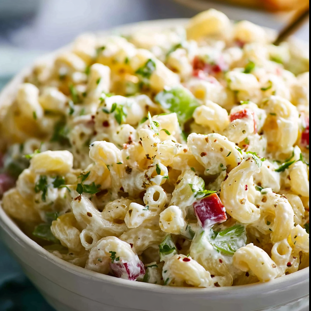 Creamy mayonnaise dressing for macaroni salad recipe being whisked.
