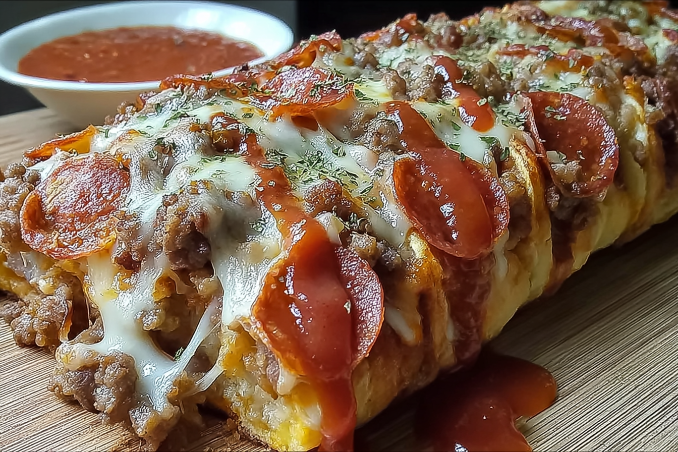 Meat lovers pizza bread stuffed with sausage, pepperoni, bacon, and melted cheese, sliced and served on a wooden board