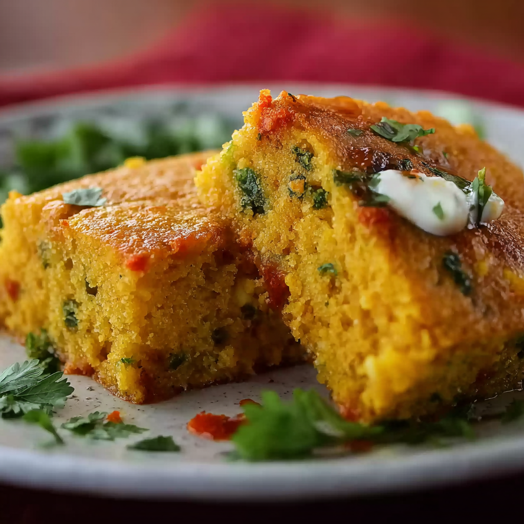 Navajo Cornbread freshly baked in dish