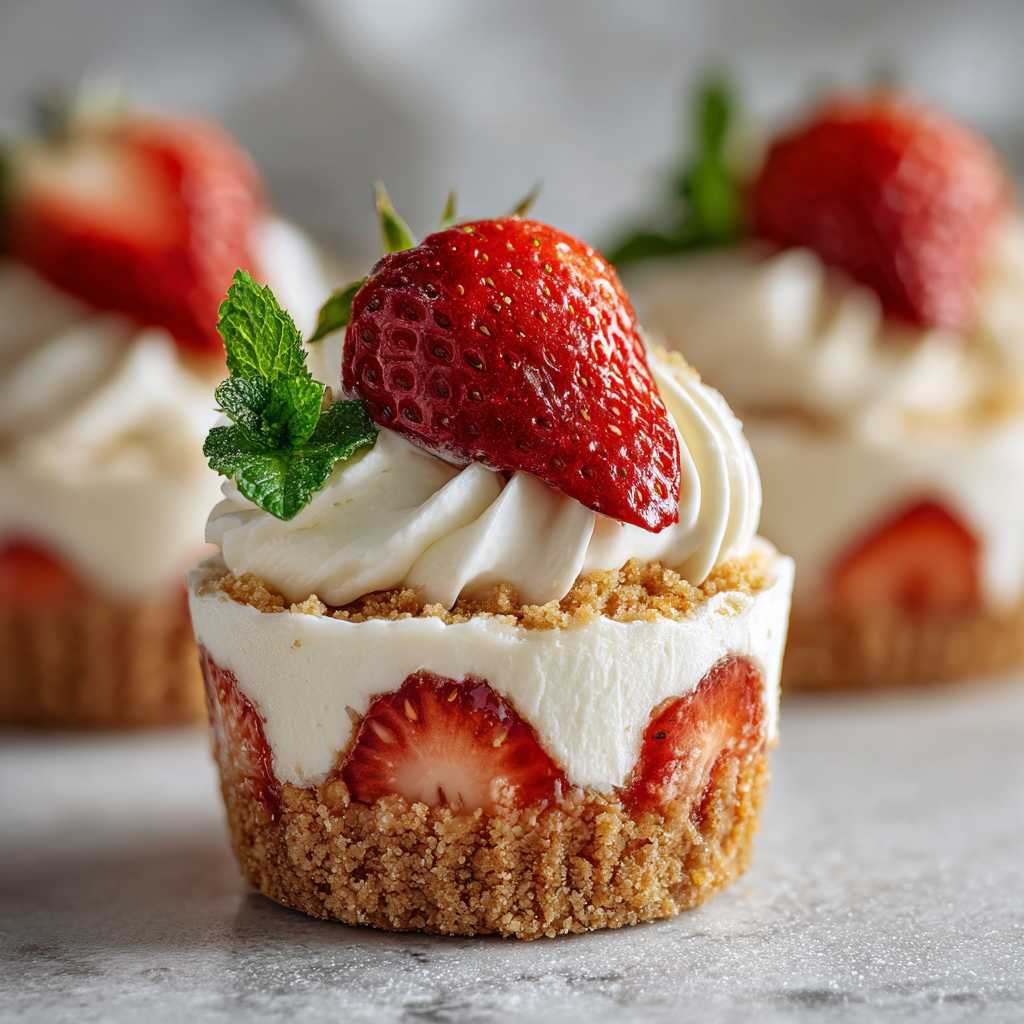 Finished strawberry shortcake cheesecake cups for a party