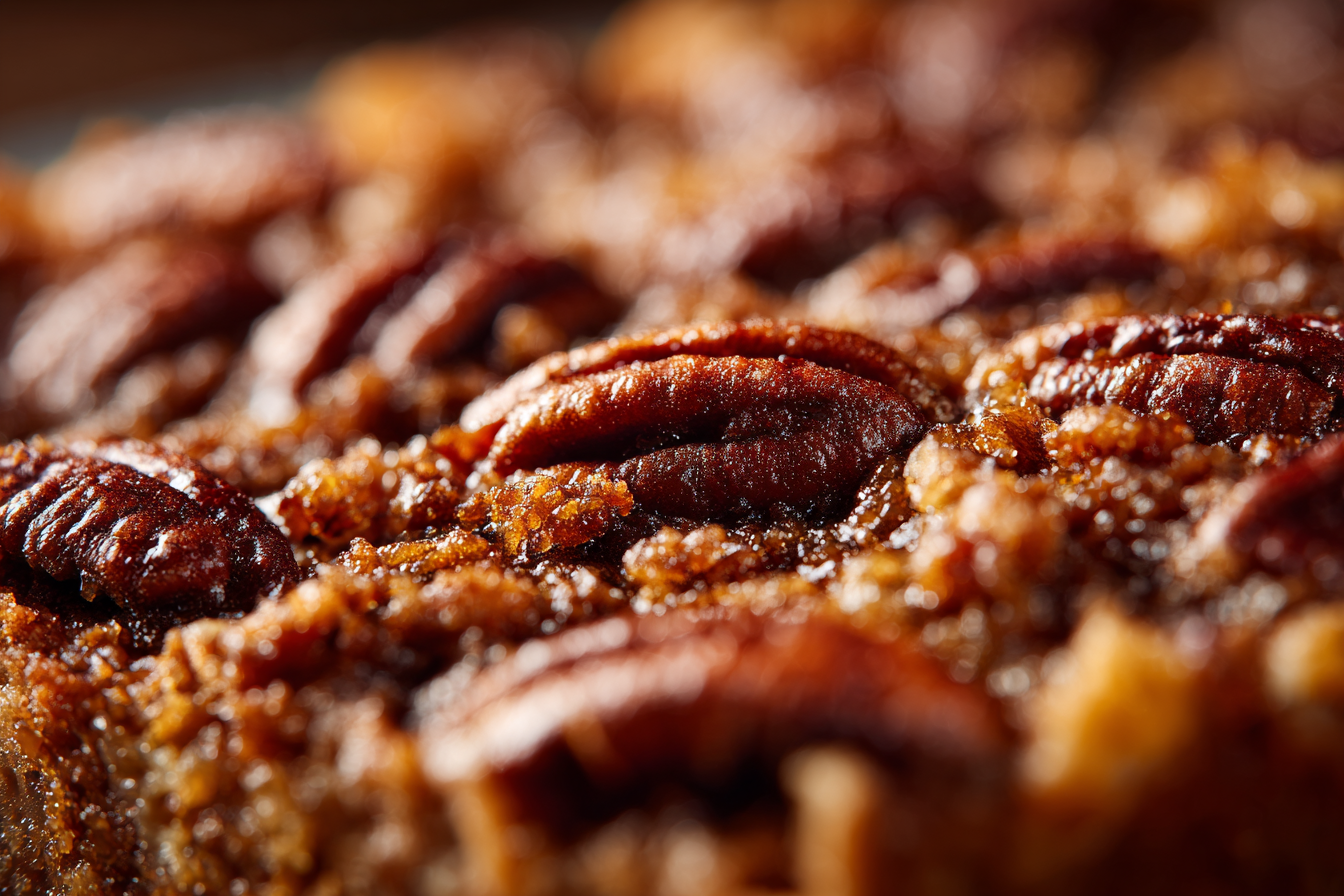 Warm pecan pie dump cake topped with vanilla ice cream