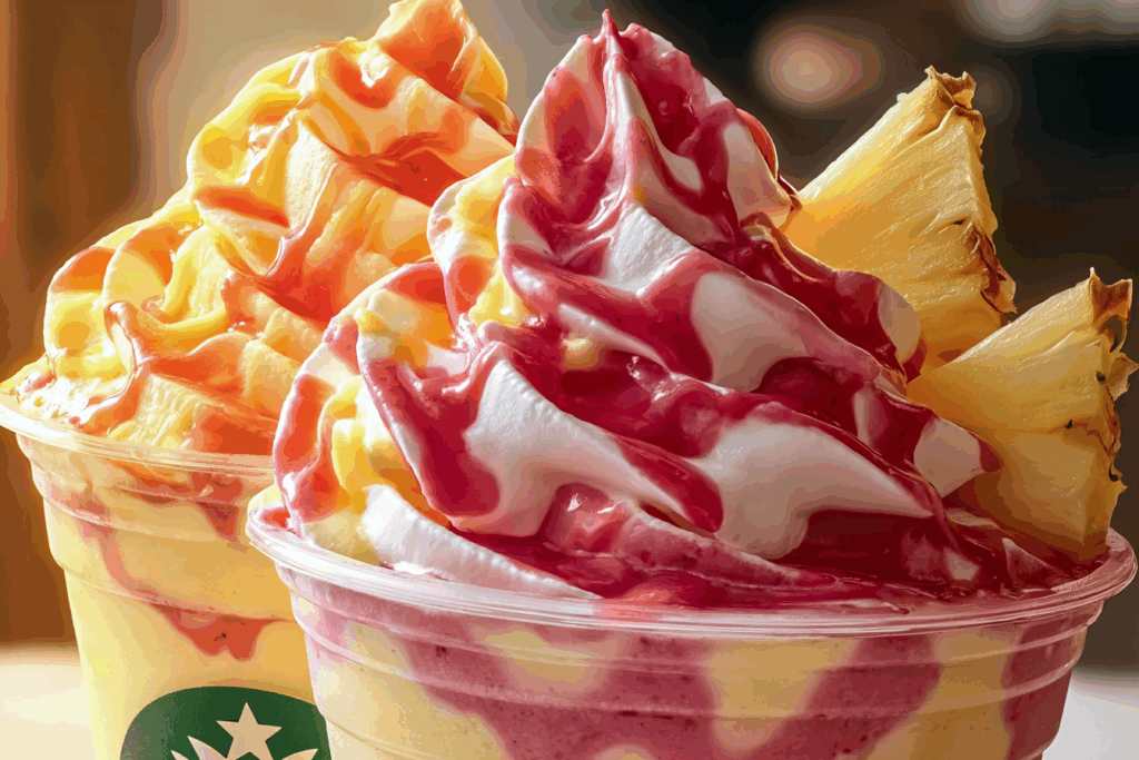 Pineapple strawberry swirled frappuccino in a clear glass, layered with pink and yellow fruit, whipped cream, and a straw