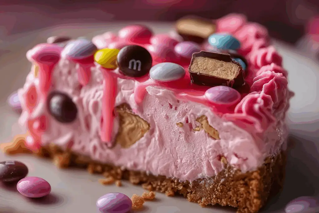 Pink M&M Snickers Cheesecake topped with candy
