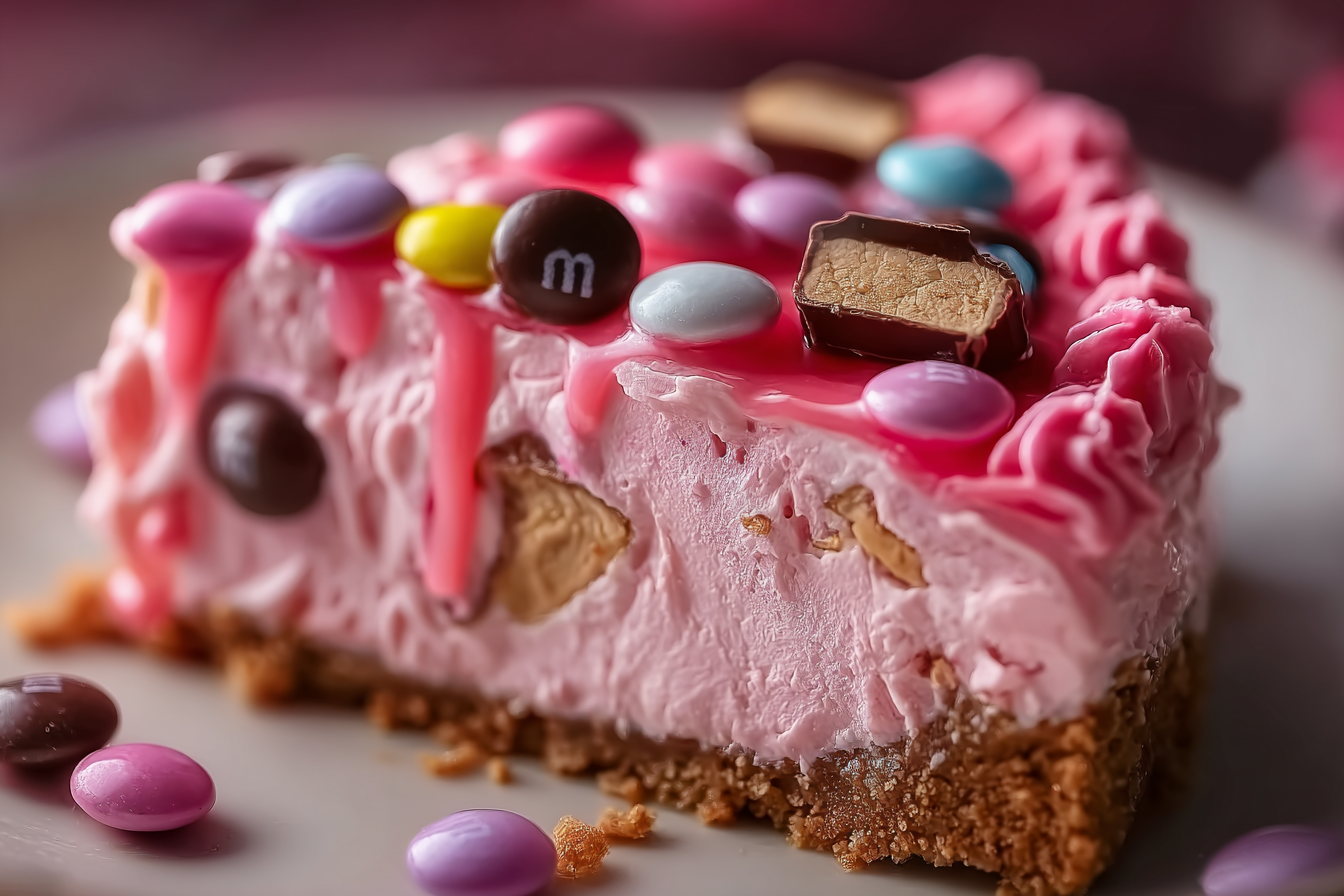 Pink M&M Snickers Cheesecake topped with candy
