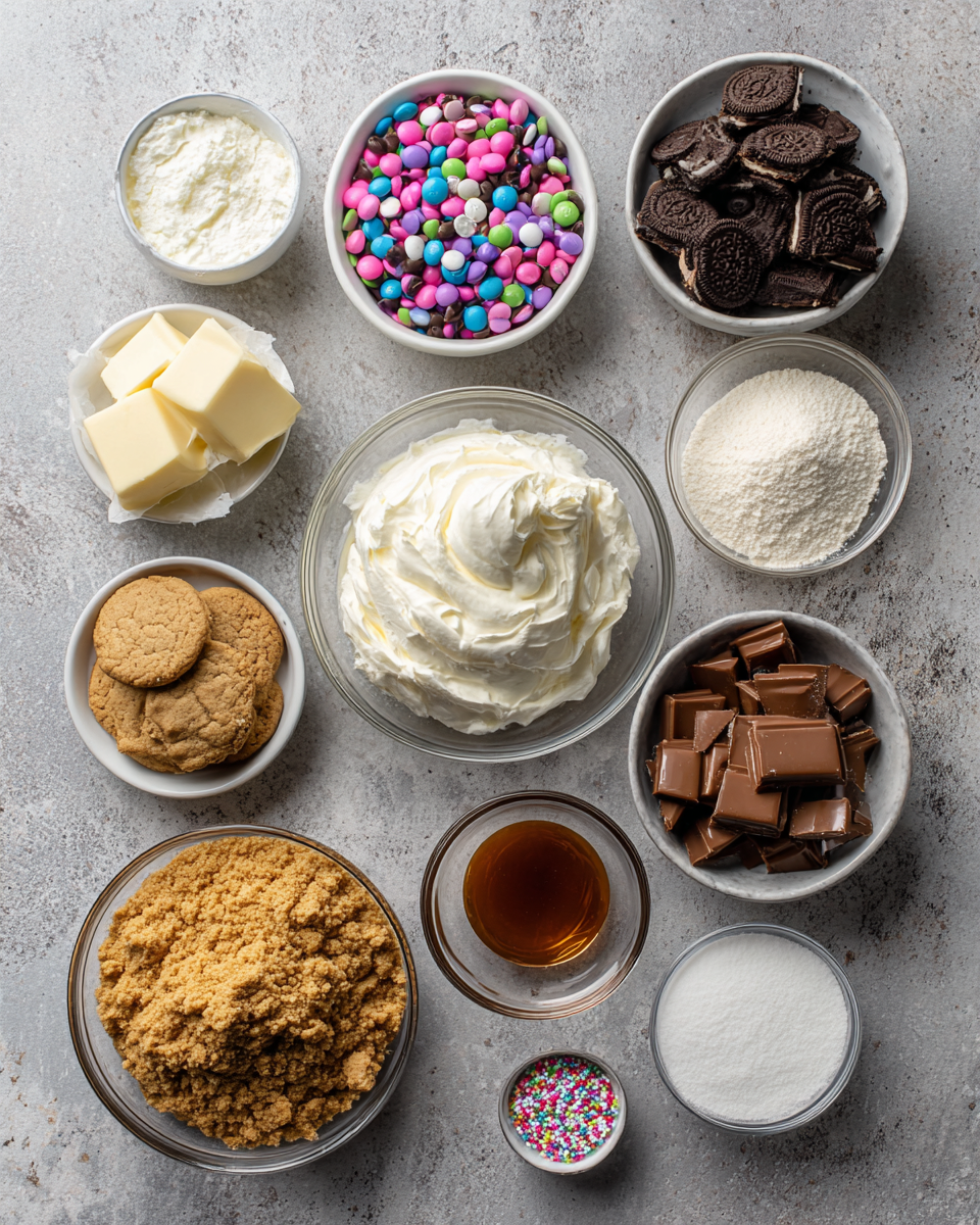 Ingredients for Pink M&M Snickers Cheesecake