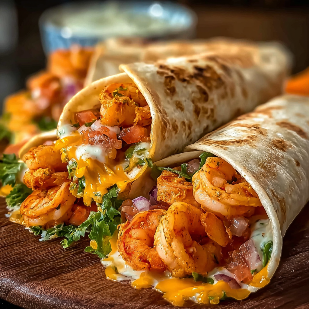 Plated loaded shrimp nacho bomb wraps with shrimp and cheese