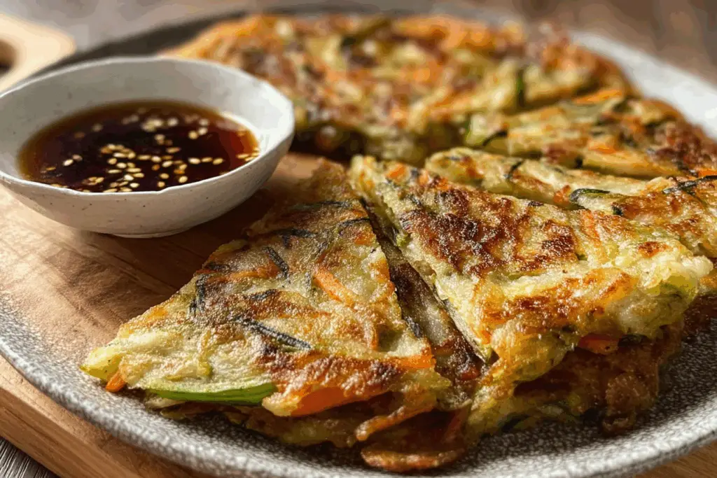 crispy Korean vegetable pancake with dipping sauce on a plate with dipping sauce