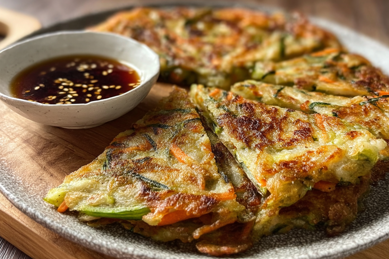 crispy Korean vegetable pancake with dipping sauce on a plate with dipping sauce