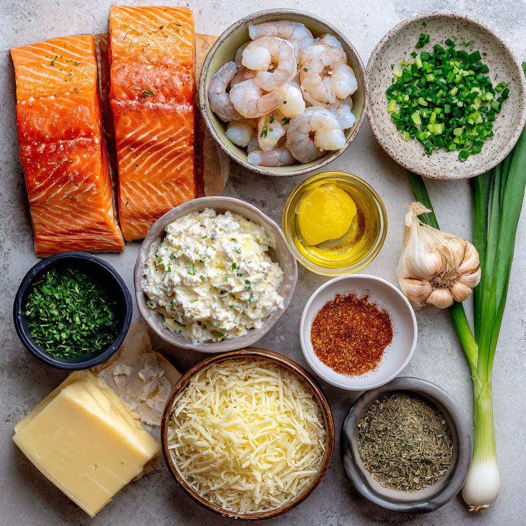 Crab and Shrimp Stuffed Salmon ingredients with fresh herbs