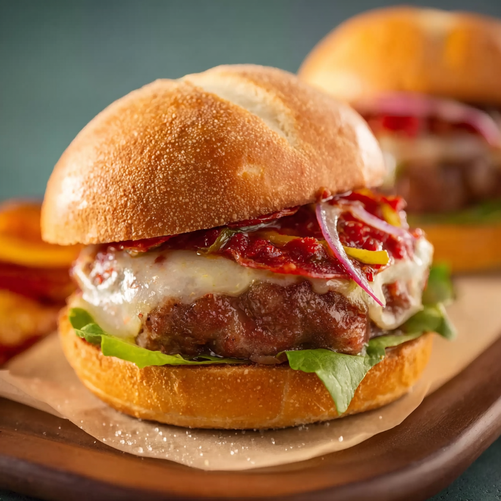 serving best pepperoni pizza burgers recipe cut in half