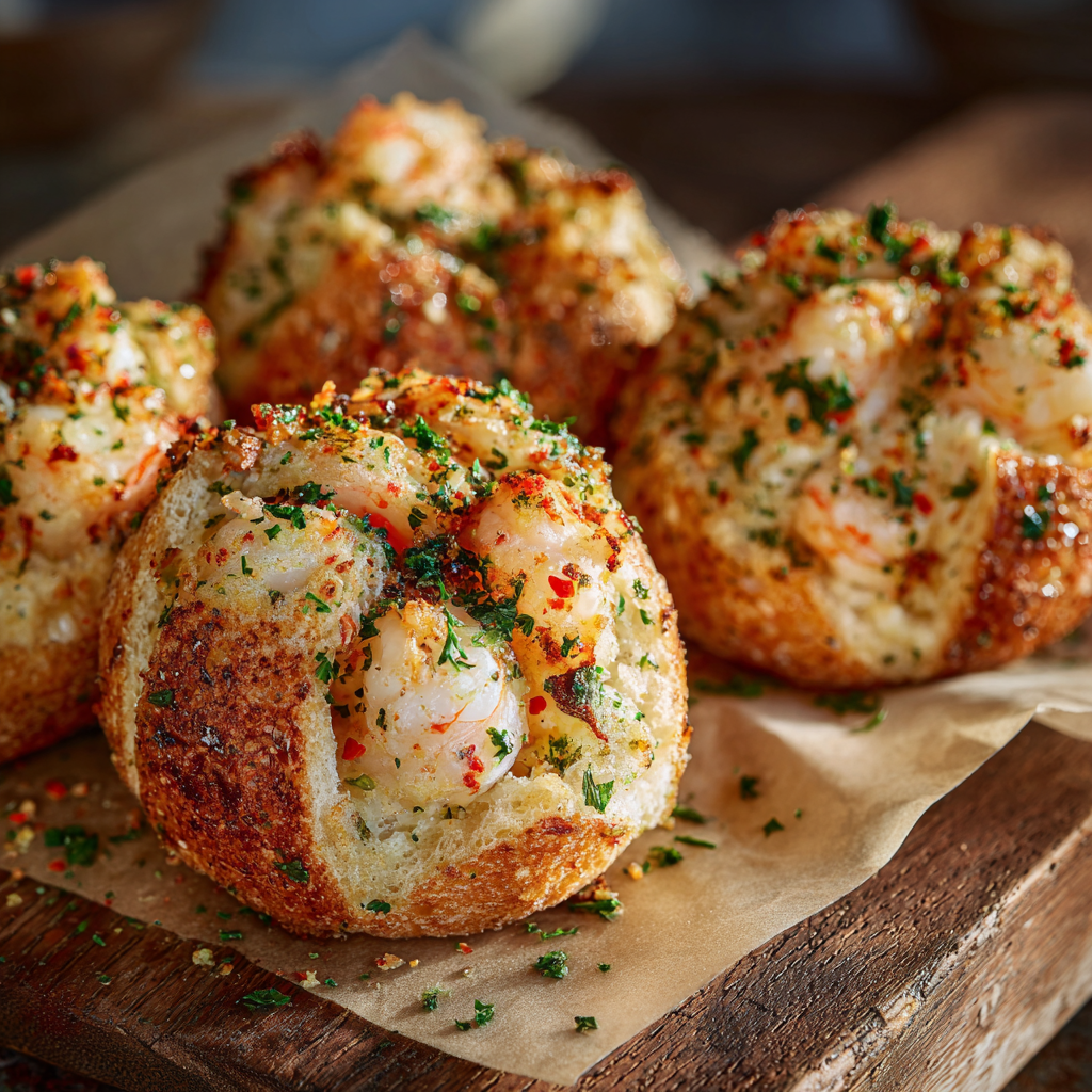 sliced crabby shrimp-stuffed garlic bread bombs with garnishes