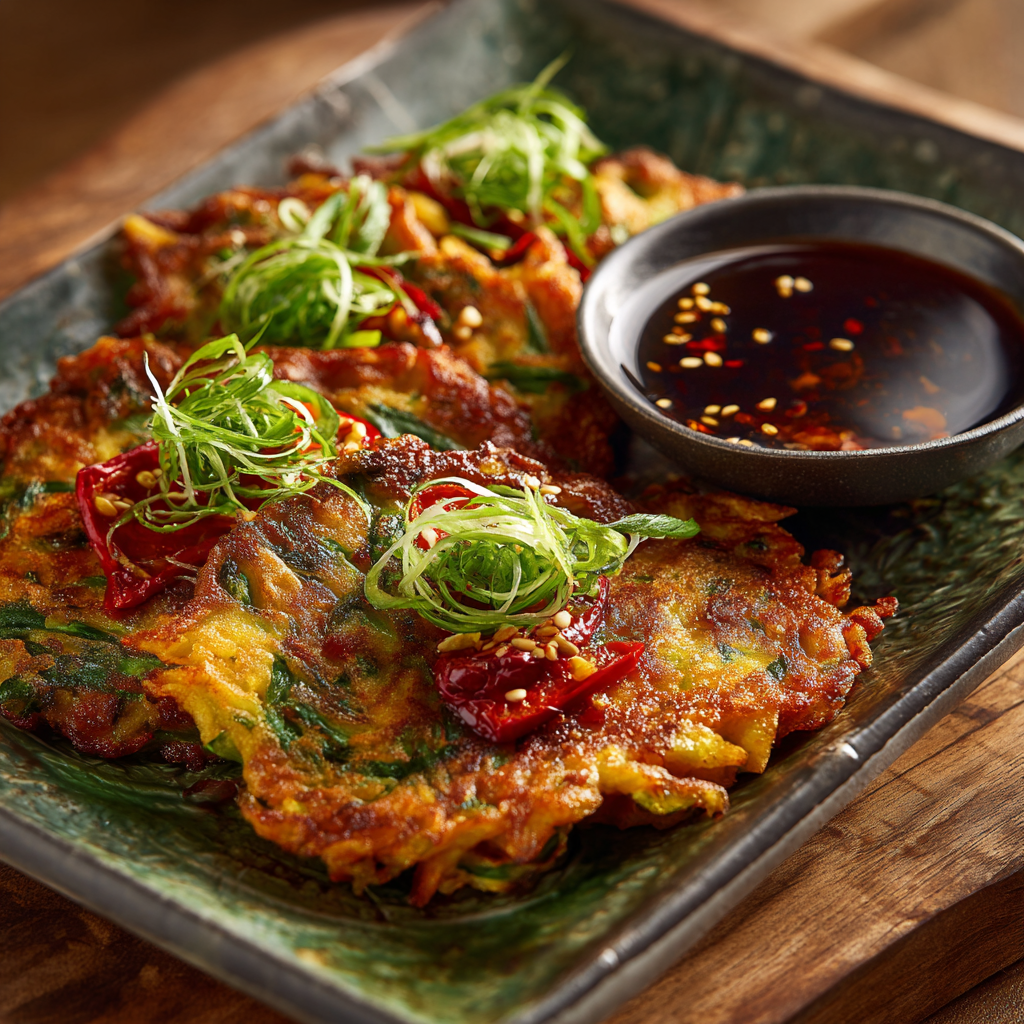 serving crispy Korean vegetable pancake with dipping sauce