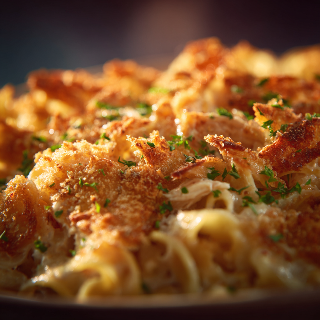 A serving of Old-Fashioned Chicken and Noodles Casserole on a plate