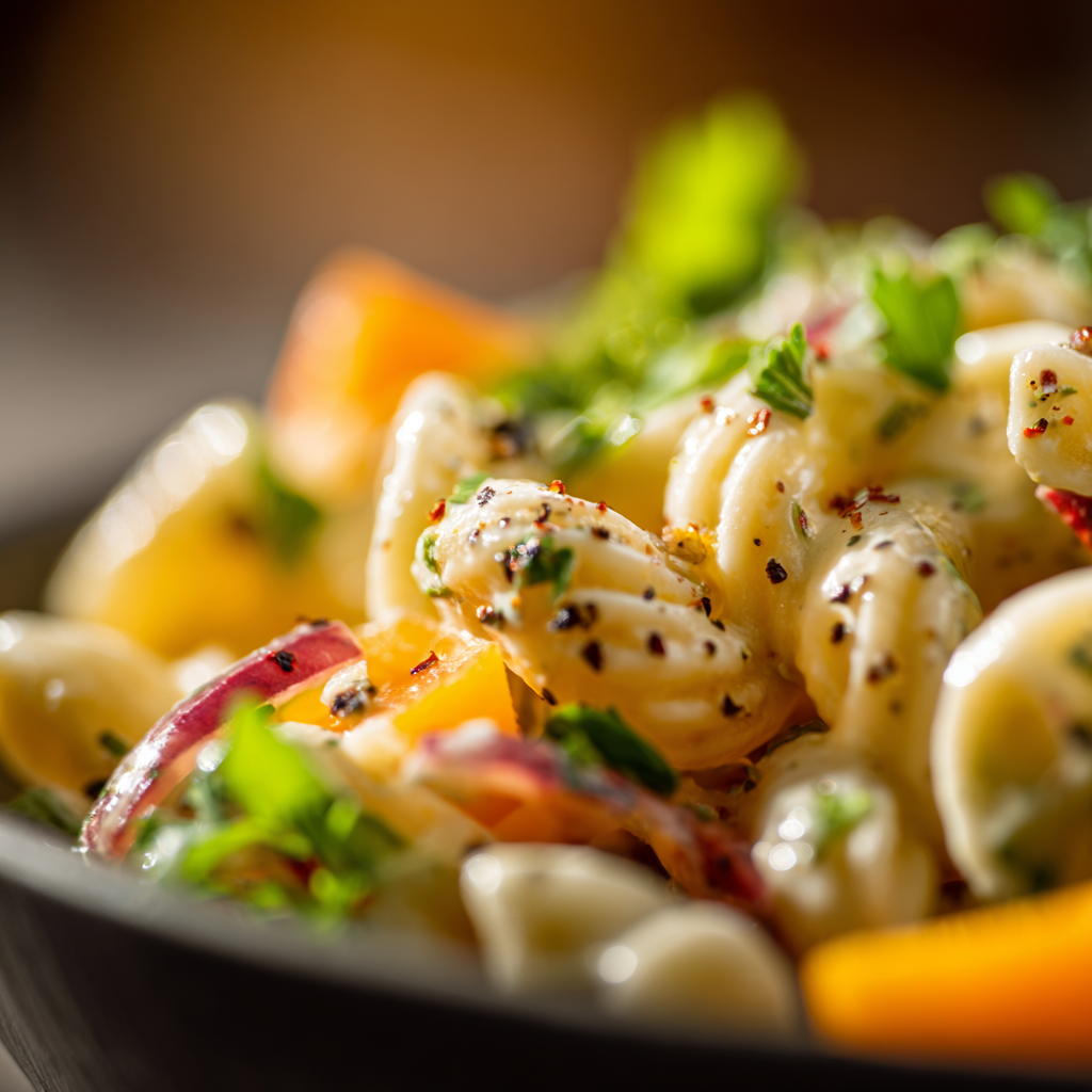 Serving traditional macaroni salad recipe from a chilled bowl.