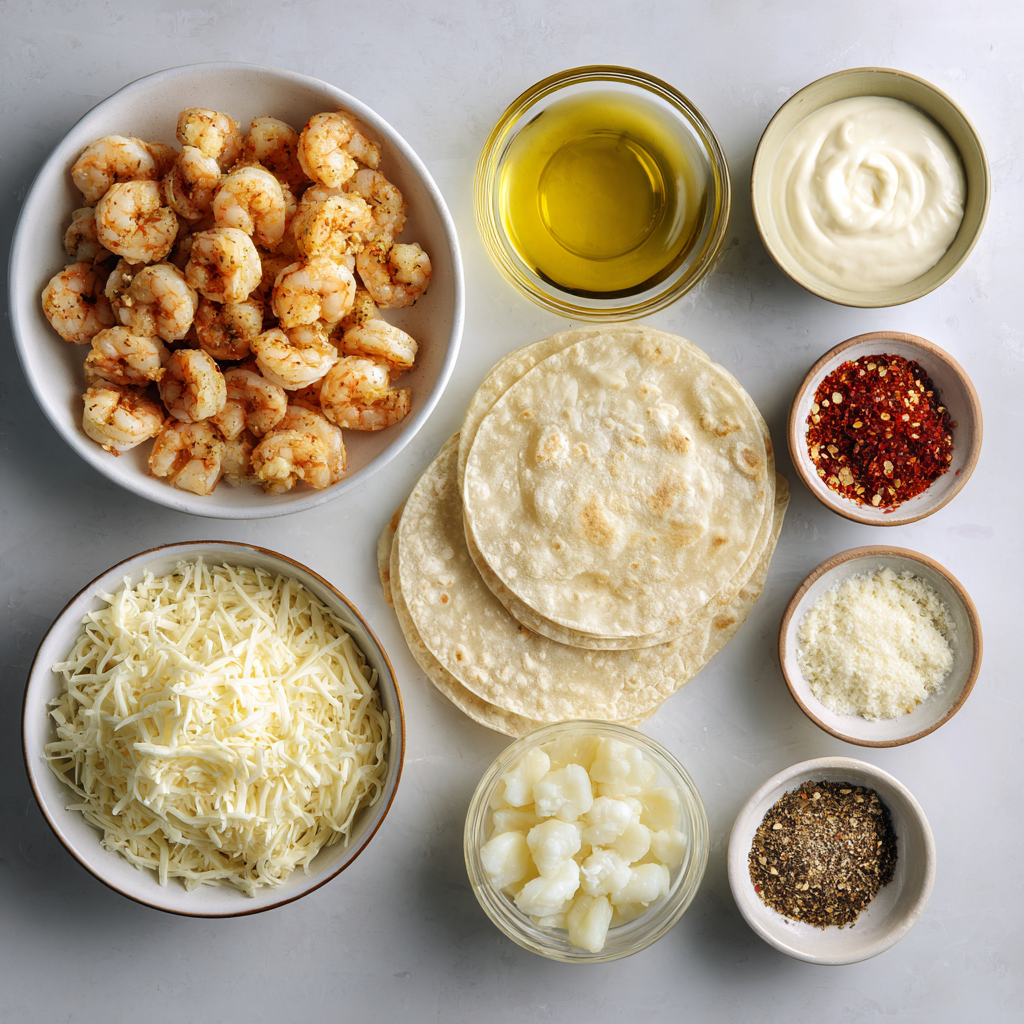 shrimp Alfredo filling being wrapped in tortilla
