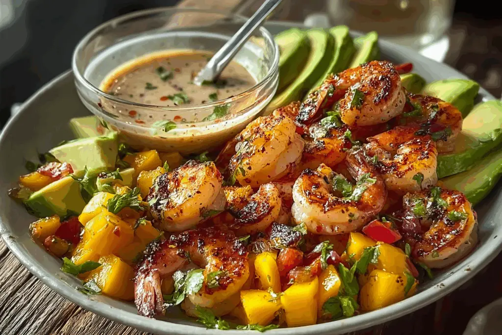 Shrimp and avocado bowls with mango salsa & lime-chili sauce recipe