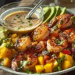 Shrimp and avocado bowls with mango salsa & lime-chili sauce recipe