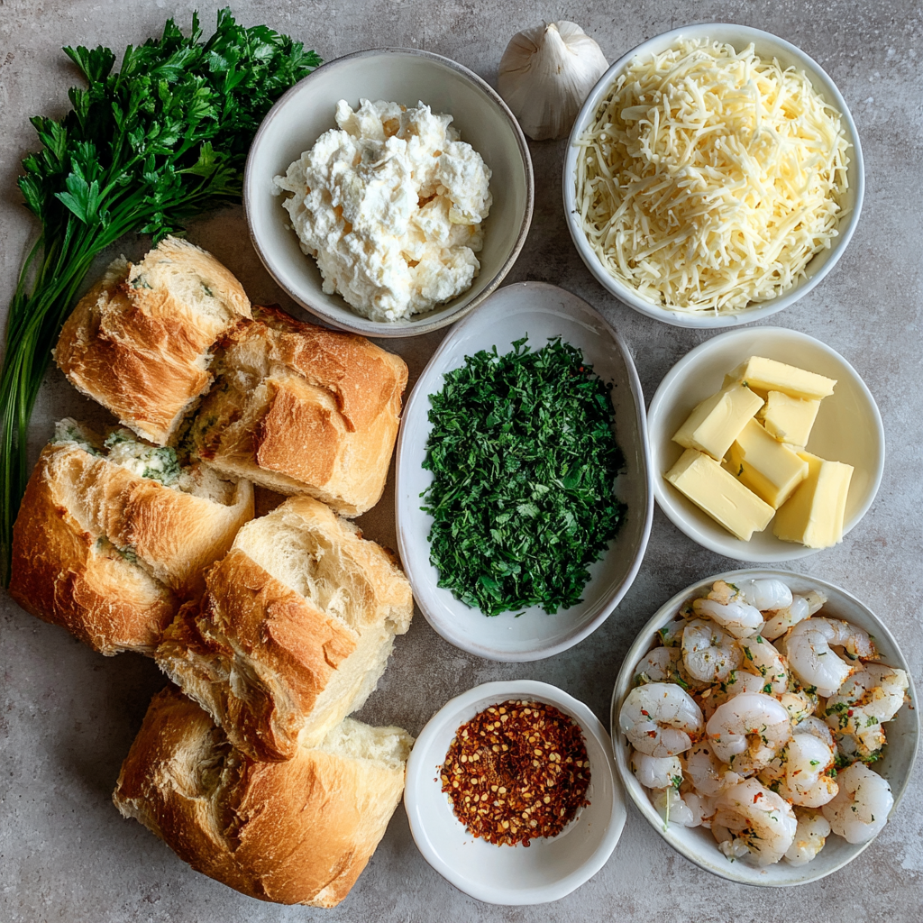 ingredients for crabby shrimp-stuffed garlic bread bombs recipe