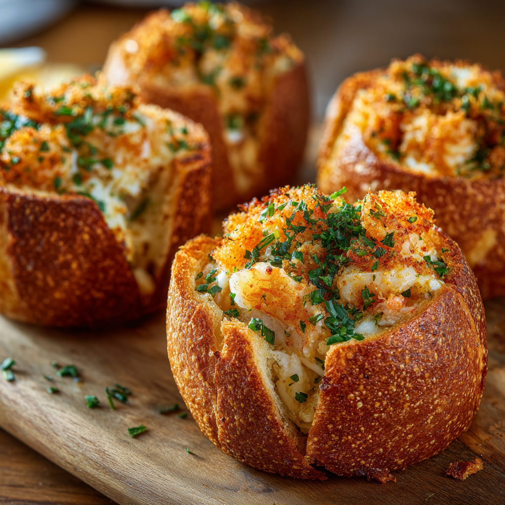 crispy crabby shrimp-stuffed garlic bread bomb texture close-up