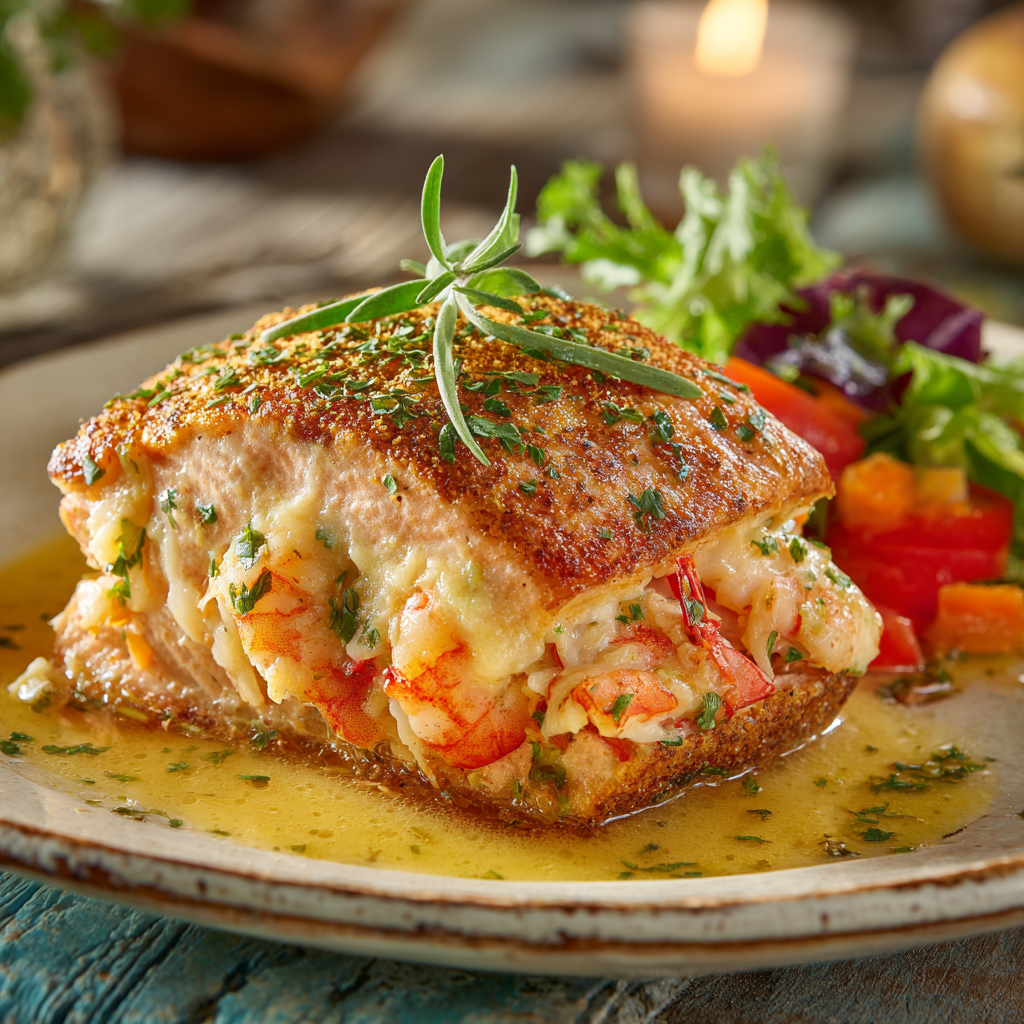Slicing Crab and Shrimp Stuffed Salmon with creamy filling