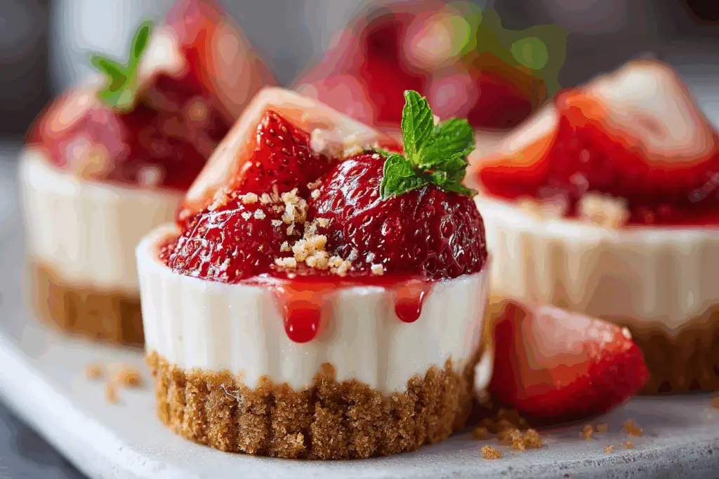 Strawberry Shortcake Cheesecake Cups with cookie crust and strawberry topping