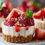 Strawberry Shortcake Cheesecake Cups with cookie crust and strawberry topping