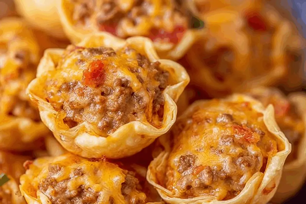 Taco Ranch Bites filled with beef, ranch, and cheese in crispy phyllo shells