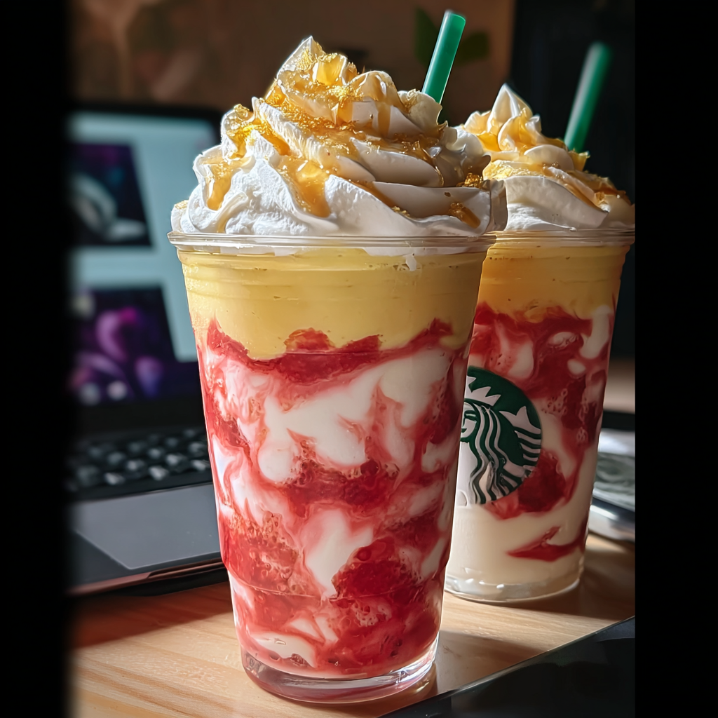 Pineapple strawberry swirled frappuccino in a clear glass, layered with pink and yellow fruit, whipped cream, and a straw
