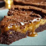Decadent caramel brownie pie with a fudgy chocolate center, gooey caramel layer, and flaky pie crust, sliced and served