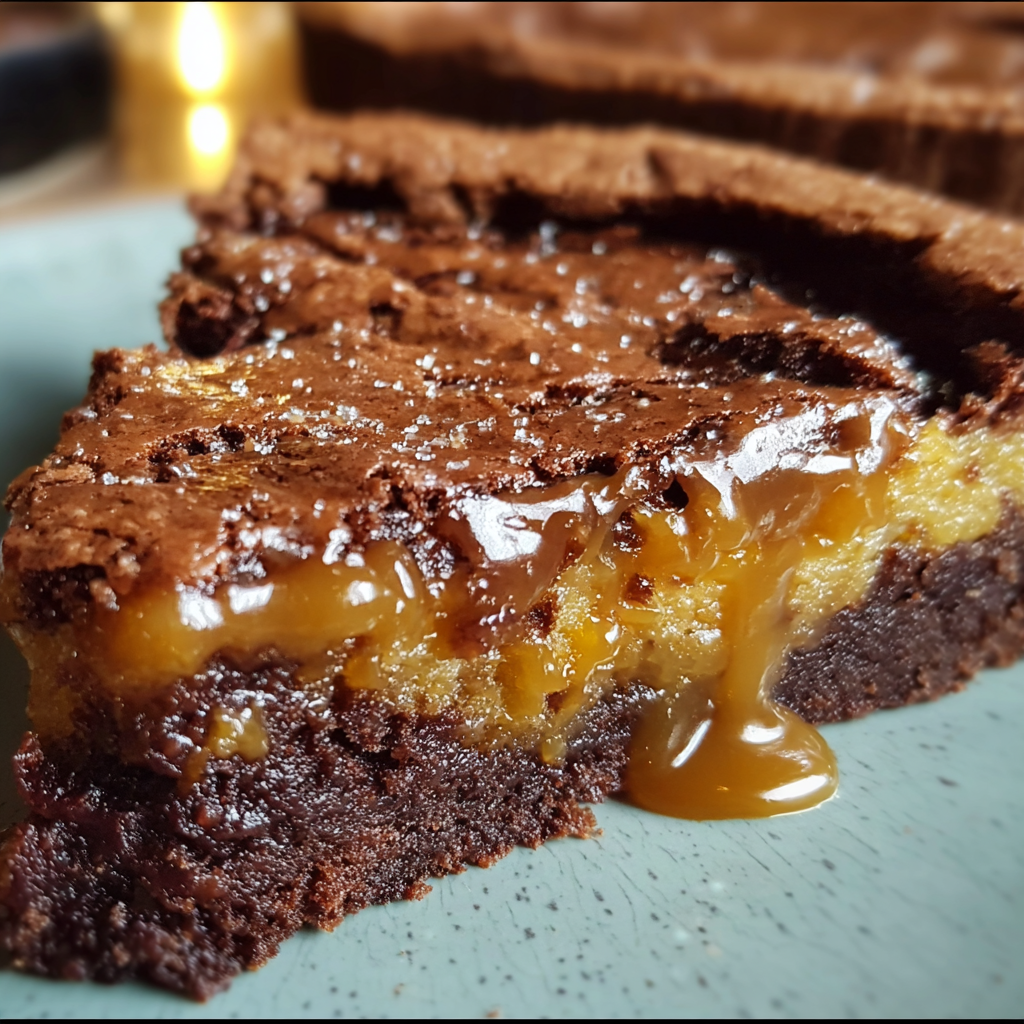Decadent caramel brownie pie with a fudgy chocolate center, gooey caramel layer, and flaky pie crust, sliced and served