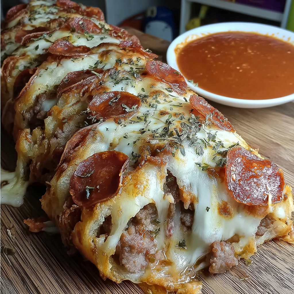Meat lovers pizza bread stuffed with sausage, pepperoni, bacon, and melted cheese, sliced and served on a wooden board