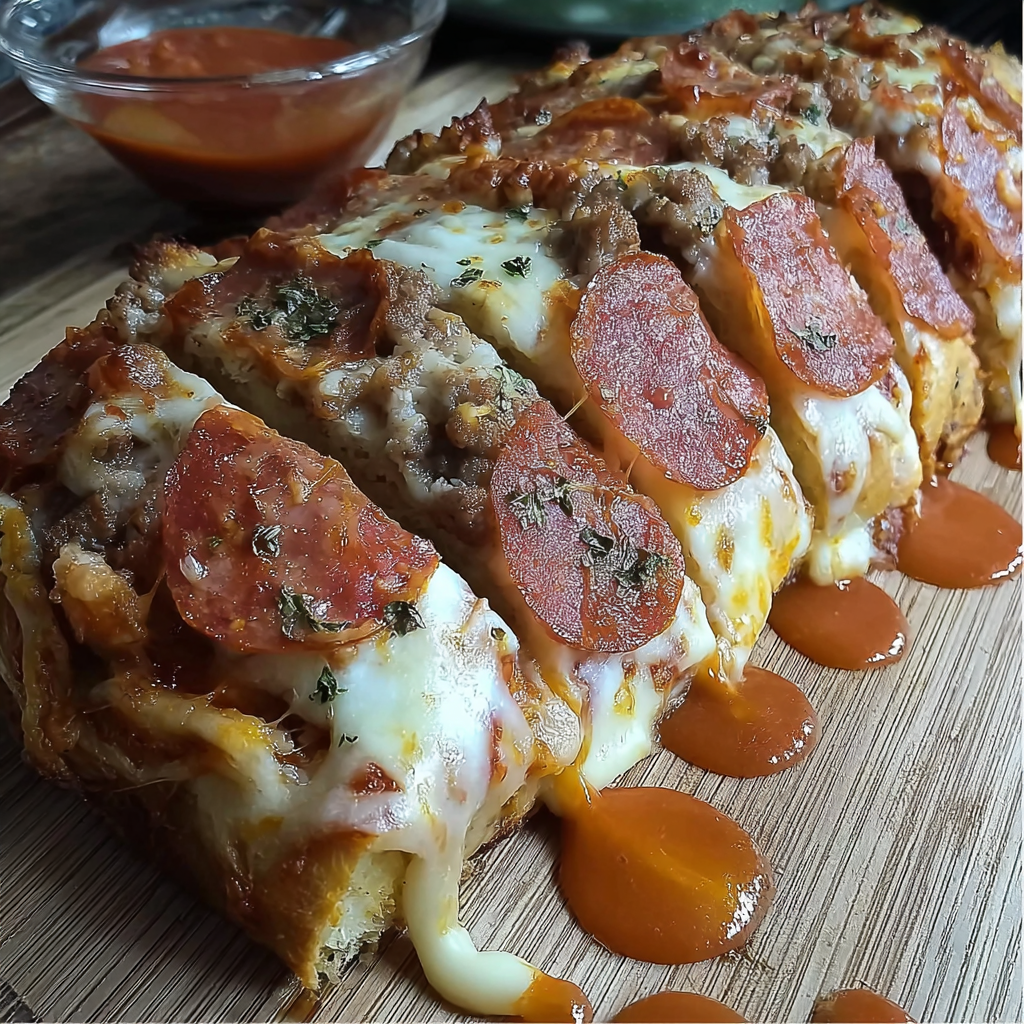 Meat lovers pizza bread stuffed with sausage, pepperoni, bacon, and melted cheese, sliced and served on a wooden board