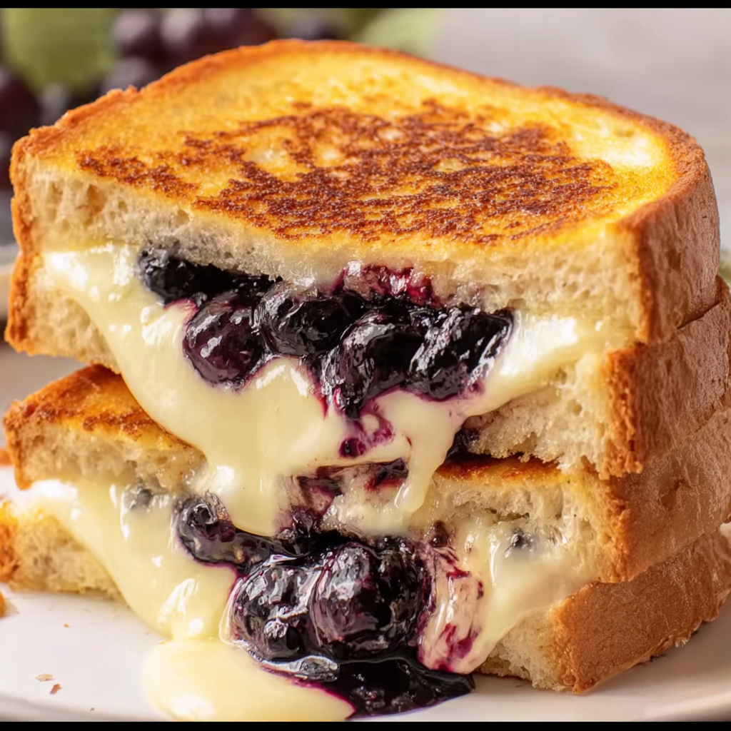 Gooey blueberry brie grilled cheese sandwich with melted brie and blueberry preserves between golden, buttery toasted bread