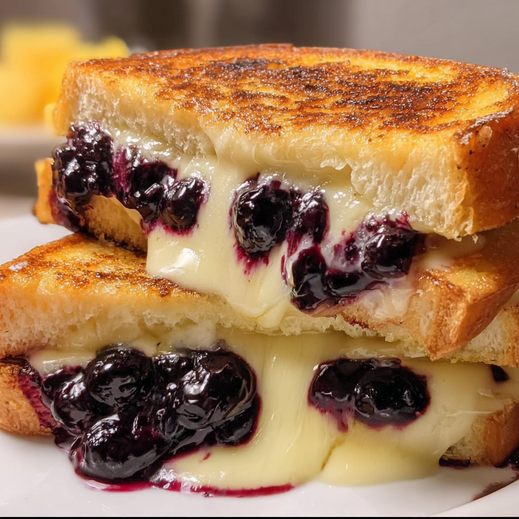 Gooey blueberry brie grilled cheese sandwich with melted brie and blueberry preserves between golden, buttery toasted bread