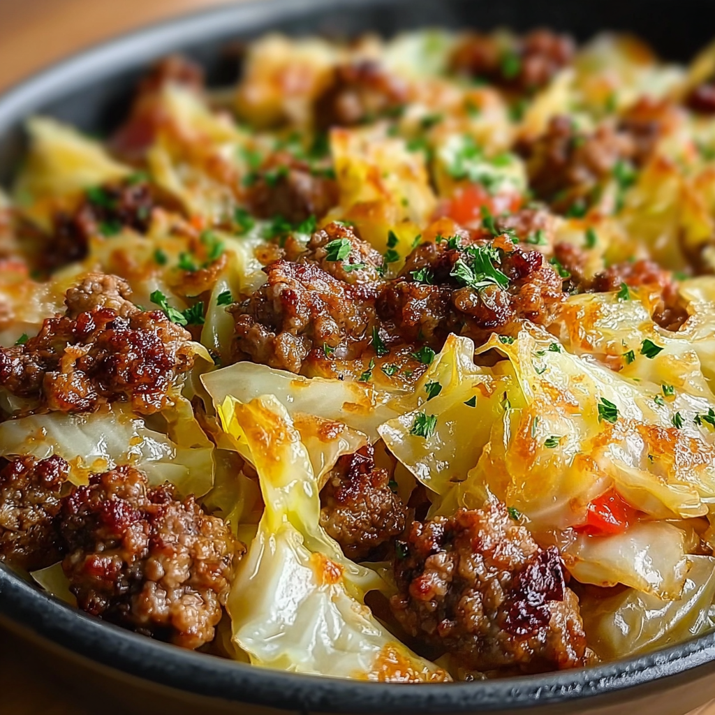 Cabbage and ground beef skillet with carrots, onions, and herbs cooked in a rich tomato sauce