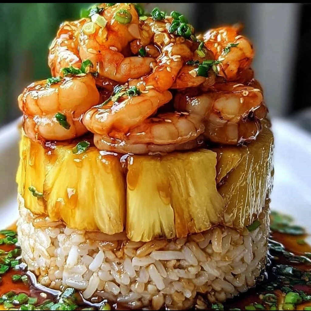 Teriyaki Shrimp and Pineapple Rice Stack, drizzled with sauce and garnished with chopped scallions