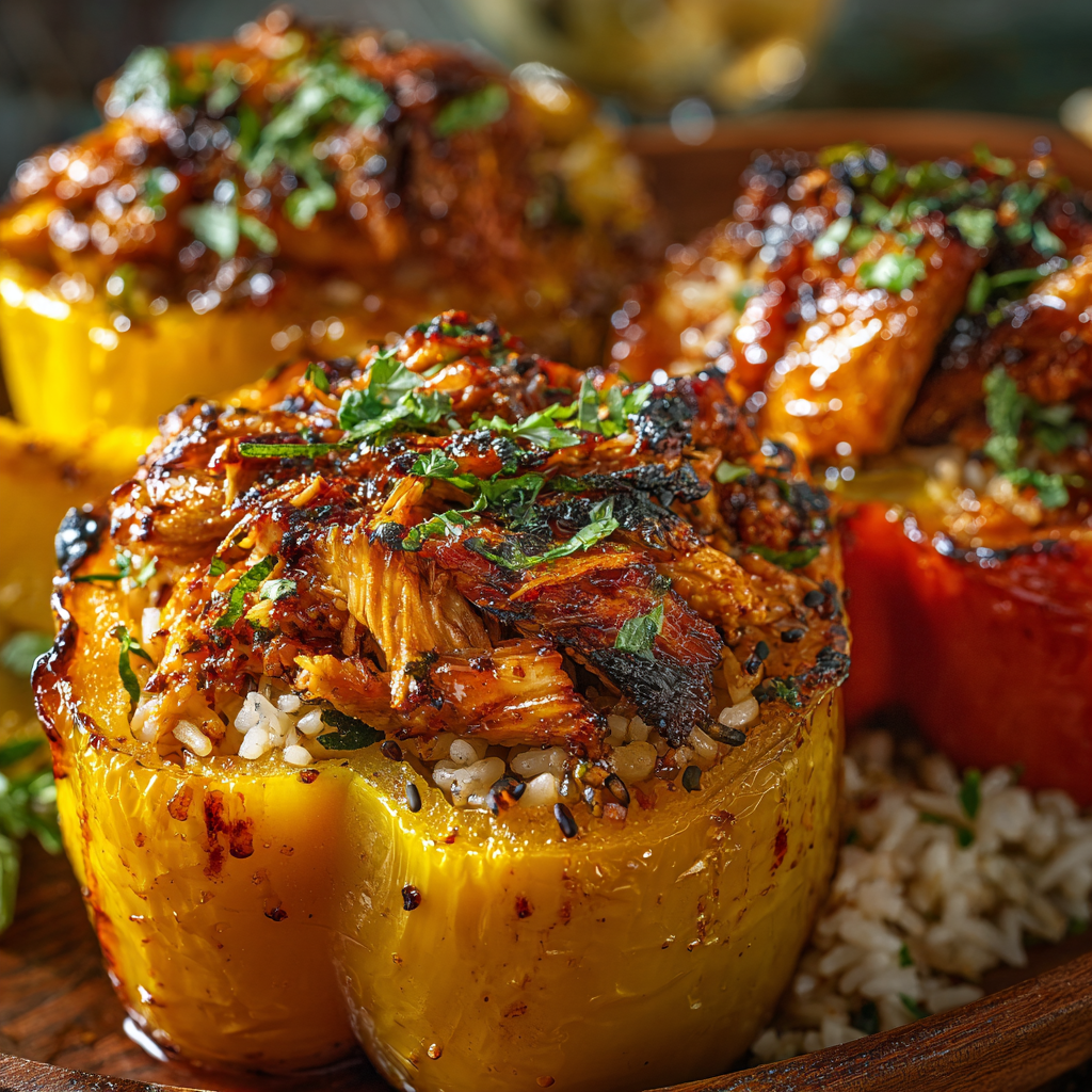 Peppers stuffed with teriyaki chicken and rice baking in oven
