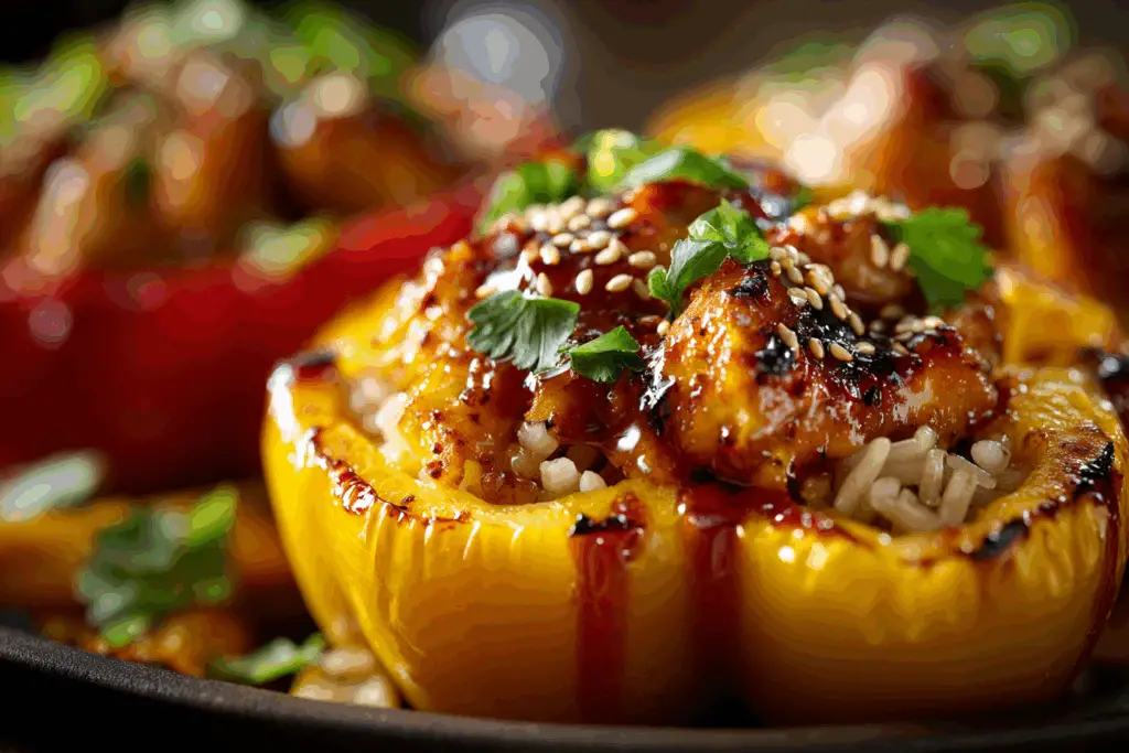 Teriyaki Pineapple Chicken & Rice Stuffed Peppers fresh from oven