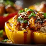 Teriyaki Pineapple Chicken & Rice Stuffed Peppers fresh from oven