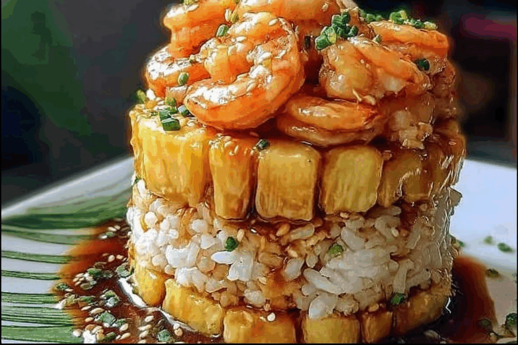 Teriyaki Shrimp and Pineapple Rice Stack, drizzled with sauce and garnished with chopped scallions
