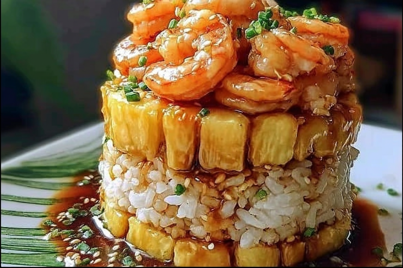 Teriyaki Shrimp and Pineapple Rice Stack, drizzled with sauce and garnished with chopped scallions