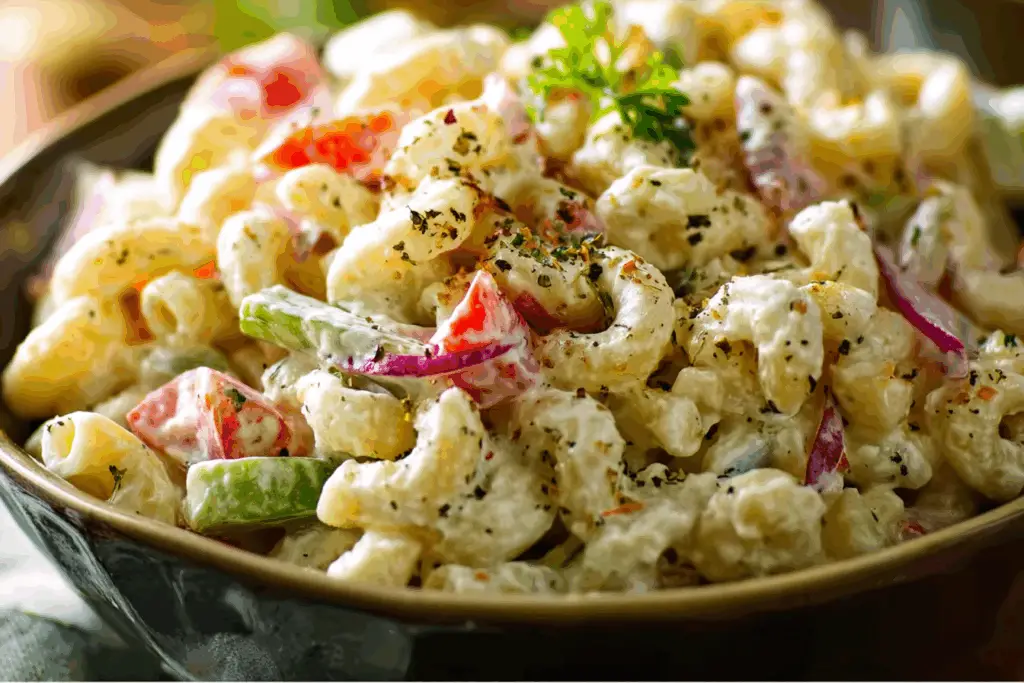 Traditional macaroni salad recipe in a bowl, creamy and colorful, close-up.