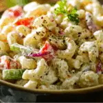 Traditional macaroni salad recipe in a bowl, creamy and colorful, close-up.
