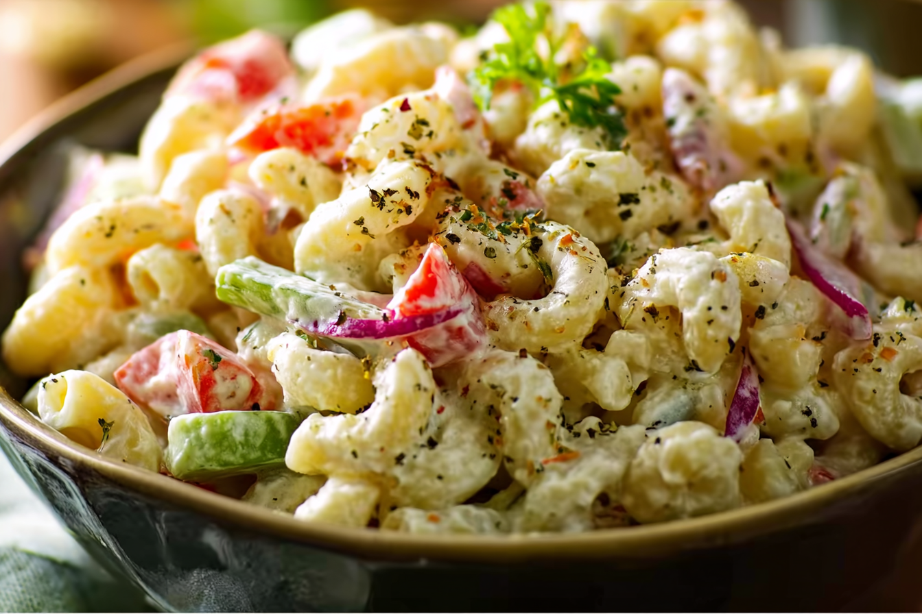 Traditional macaroni salad recipe in a bowl, creamy and colorful, close-up.